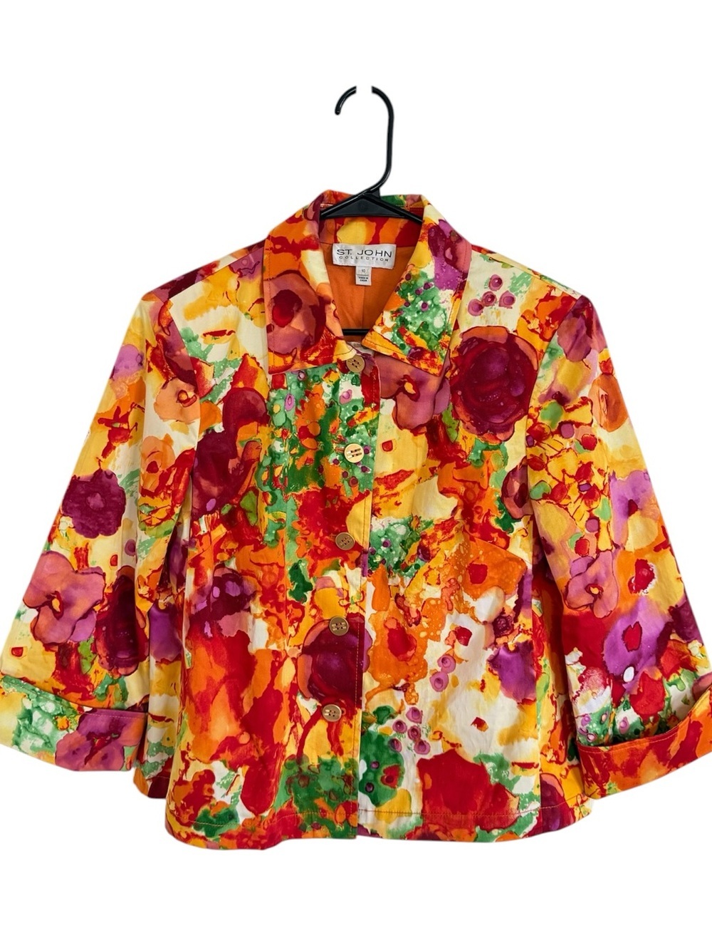 St. John Collection Colorful Watercolor 3/4 Sleeve Floral Button Jacket